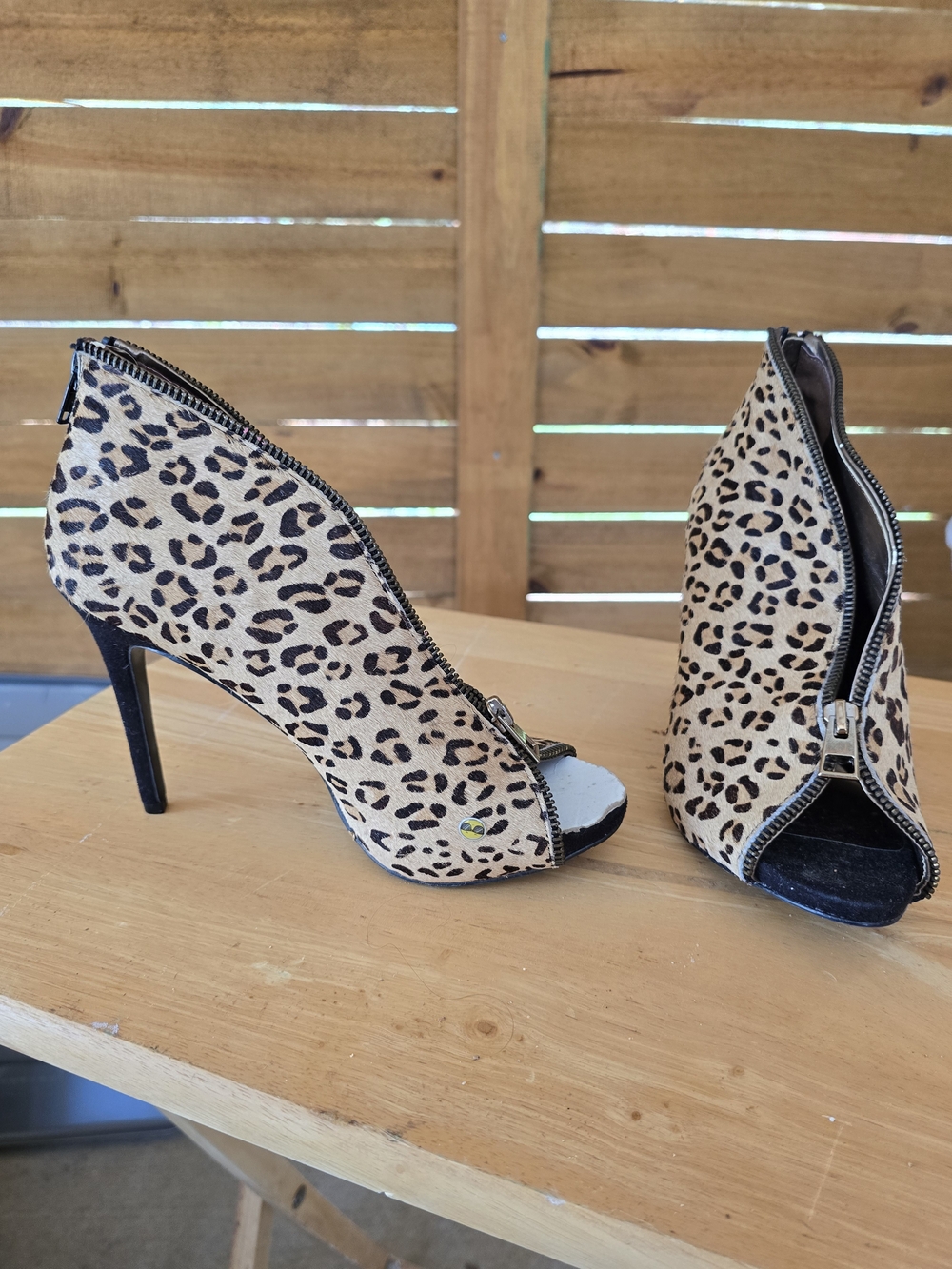 Carlos Santana Leopard Print Peep-Toe Zip Stiletto Heels